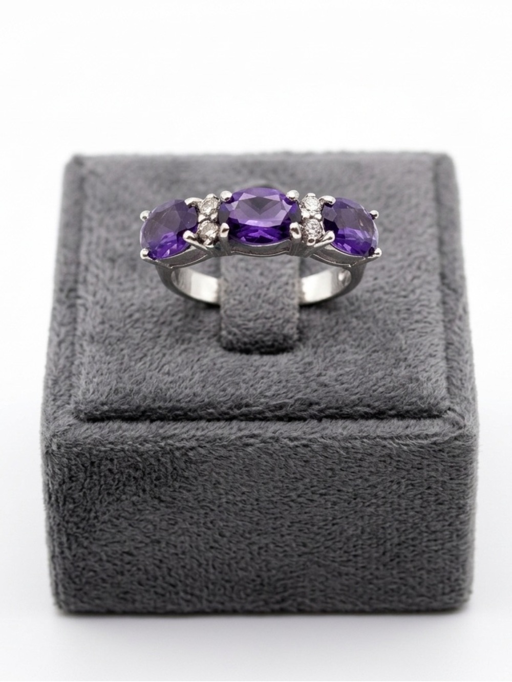 New Natural 2.32CT Amethyst Diamond 14K White Gold Hallmarked Ring